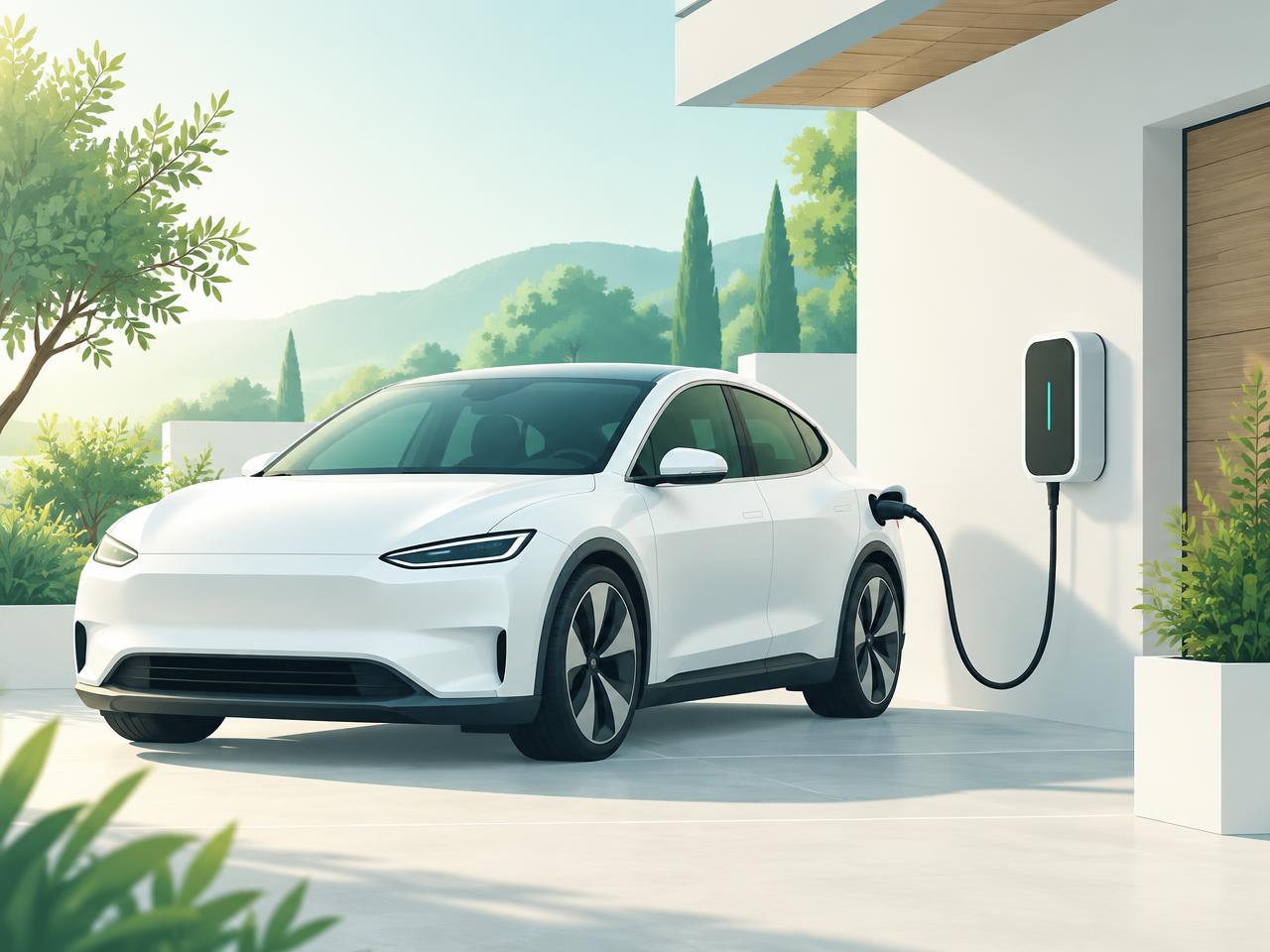Weißes Elektroauto lädt an einer Wallbox in der Einfahrt